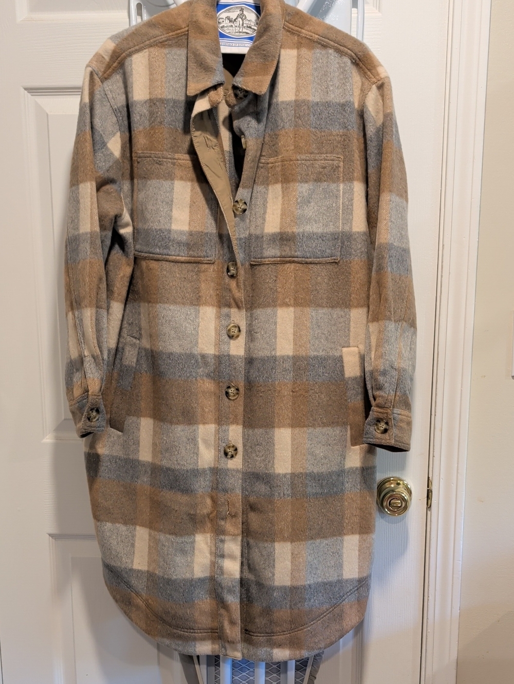 Tan & Gray Plaid Wool Button-Front Shacket
